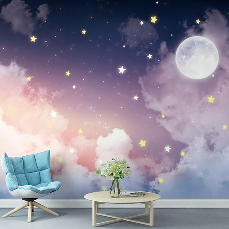Groot hemels muurfresco roze paarse maan ster illustratie vliesbehang modern slaapkamerdecor horizontaal vlekbestendig