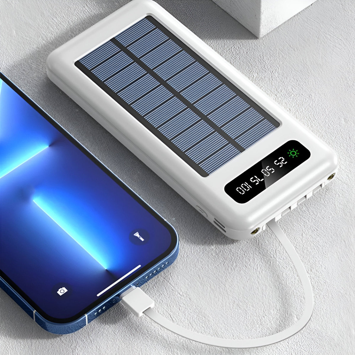 Cargador solar portátil de 20000mAh con puertos de carga duales y pantalla LED de batería para camping y viajes | Thomler