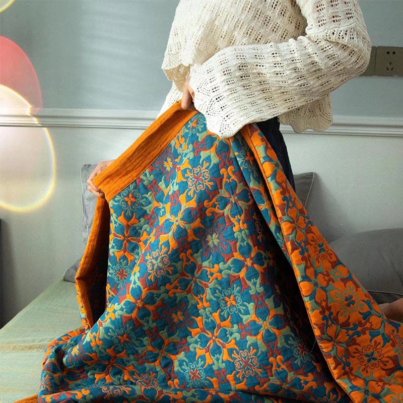 Zeslaags katoenen quilt, omkeerbare lichtgewicht deken, oranje-blauw geometrisch patroon, voor het hele jaar door comfort, slaapkamer, logeerkamer