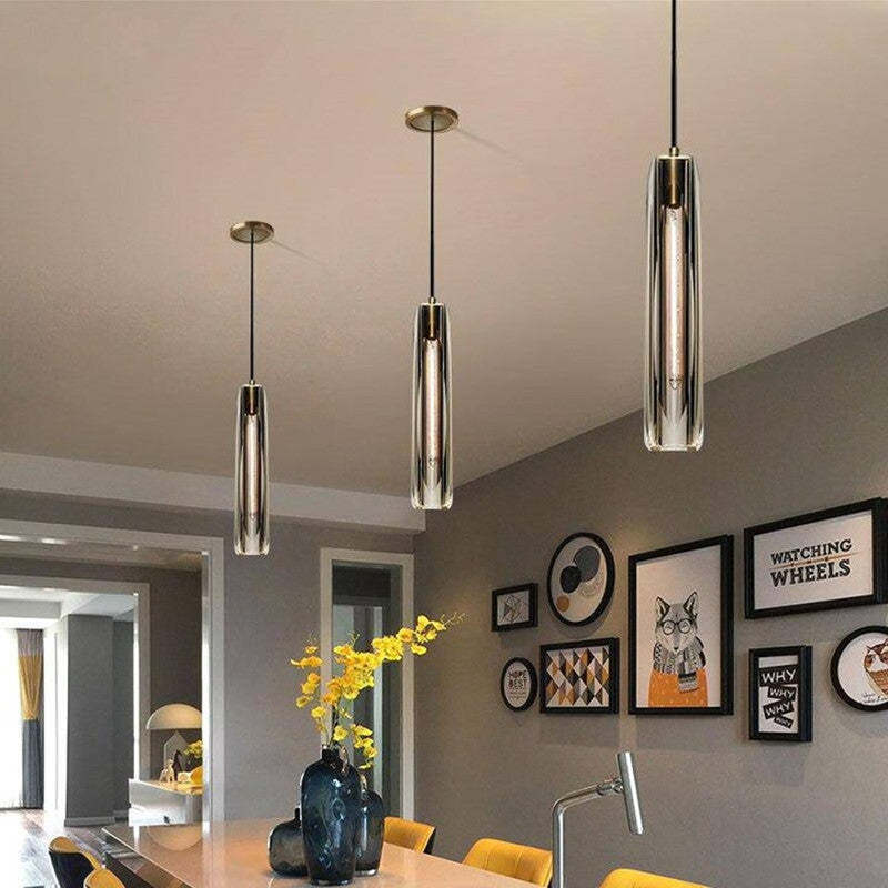 Glass Cylinder Hanging Light Fixture 15 Inch Height Adjustable Drop Ceiling Lamp for Dining Room Bedroom Living Room Contemporary Minimalist | Thomler