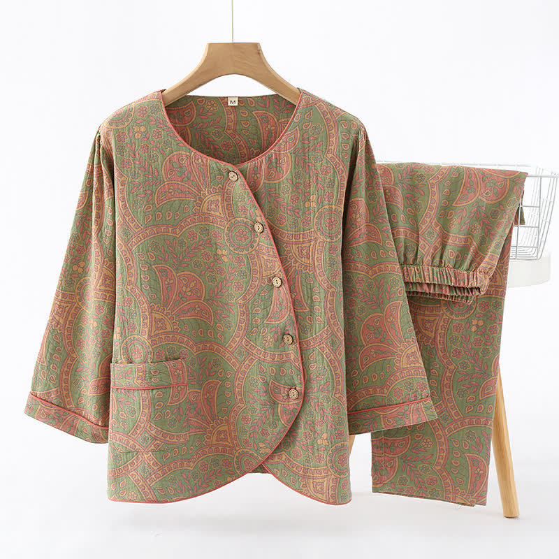 Dames katoenen pyjamaset, ronde hals, vintage jacquard, loungewear/nachtkleding met lange mouwen en knopen aan de zijkant voor lente, zomer en herfst