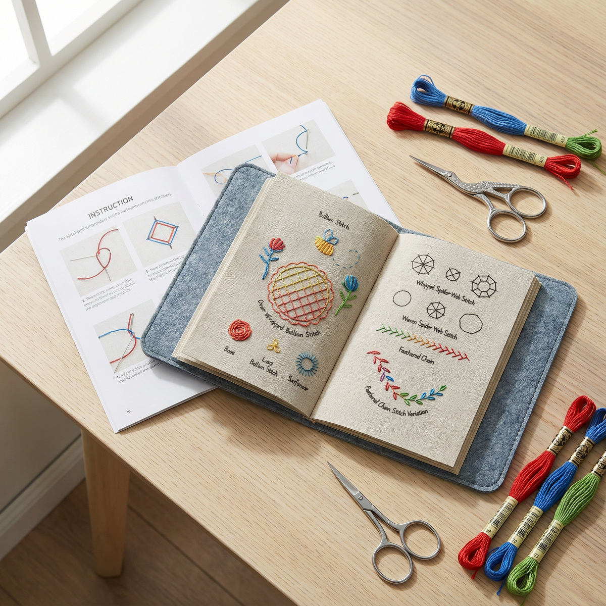 Leerset voor handwerken met uitneembare pagina's, 106 technieken op linnen vellen & 86-delige gereedschapsset voor beginners | Thomler