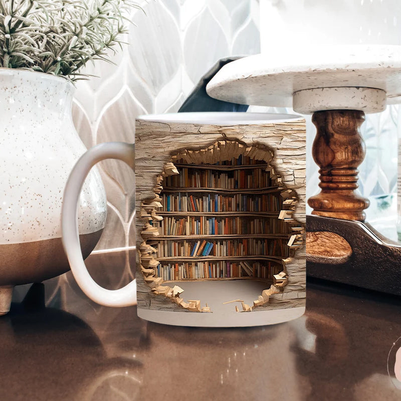 Ceramic Mug with 3D Bookshelf Wrap Design for Coffee Tea Hot Drinks Book Lovers Library Kitchen Microwave Dishwasher Safe Literary Gift | Thomler