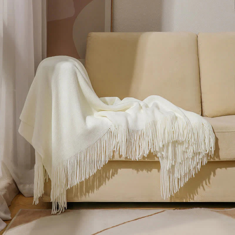 Schwere, strukturierte Wohndecke mit Fransen – Acryl-Gewebe für Sofas, Betten und den Außenbereich