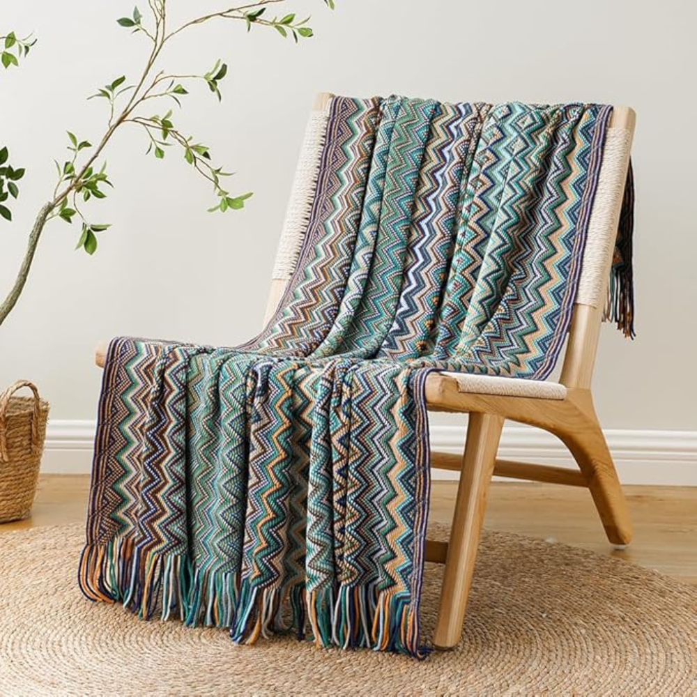 Chevron Knit Throw Blanket with Fringe Trim – Lightweight Acrylic for Year-Round Comfort