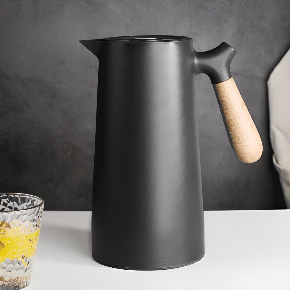Vacuum Insulated Thermal Carafe 34 oz with Wood Grip – Drip-Free Spout for Coffee & Tea – Home Kitchen & Office | Thomler