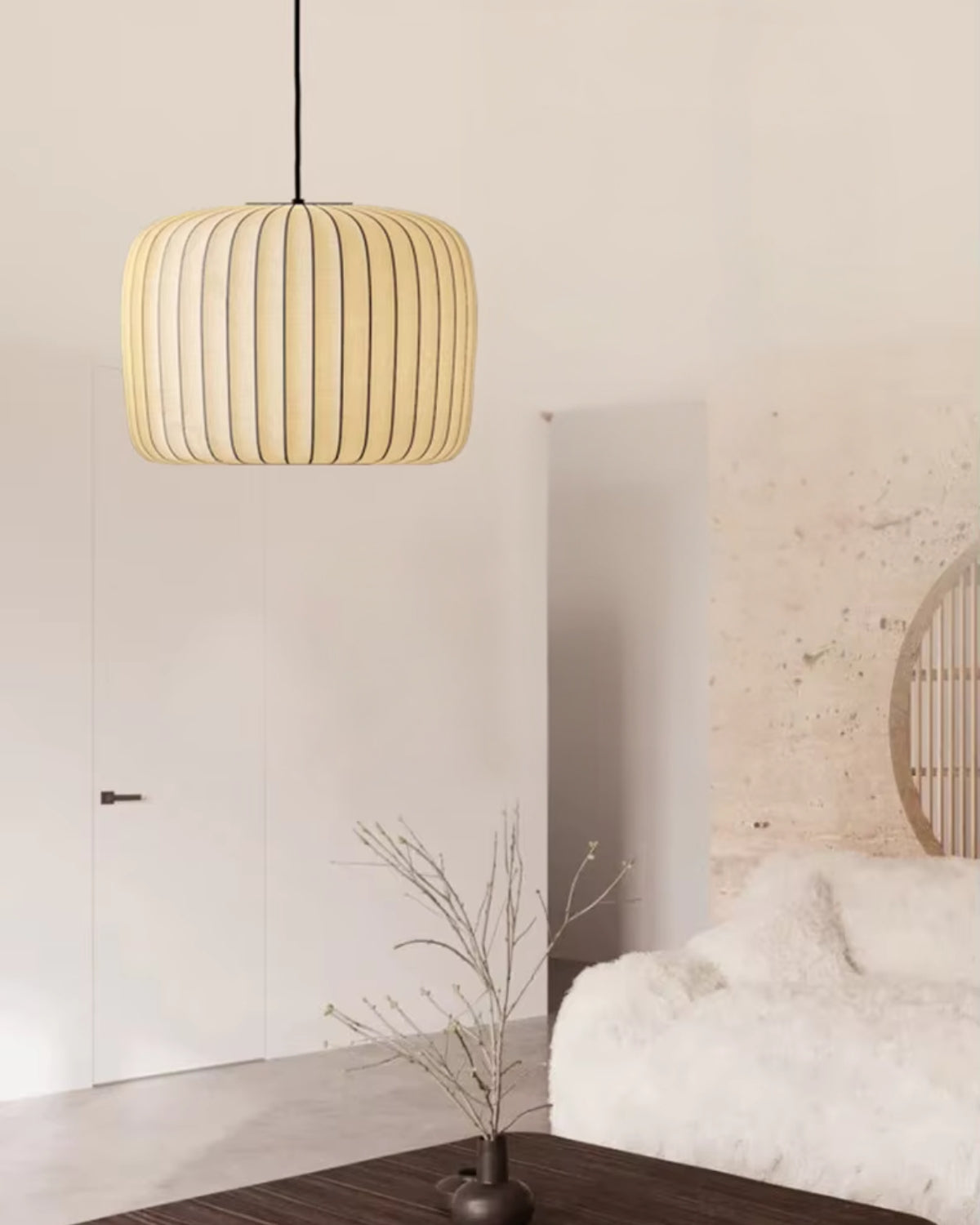 Hanglamp met stoffen trommelkap, 22 inch, neutrale tint, voor eetkamer of keukeneiland, modern Japandi-stijl, E27-fitting | Thomler