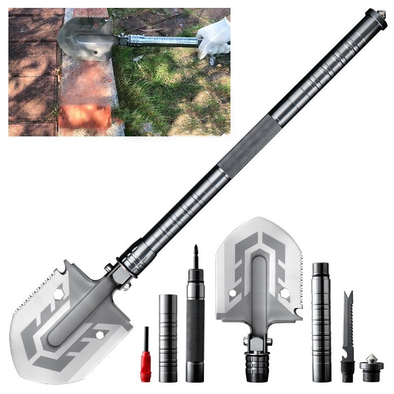 Multifunktions-Camping-Schaufel mit Feuerstarter, Axt, Säge, Messer und Hammer für Wandern, Backpacking, Notfall, Überleben, Outdoor-Abenteuer und Auto-Notfallset | Thomler