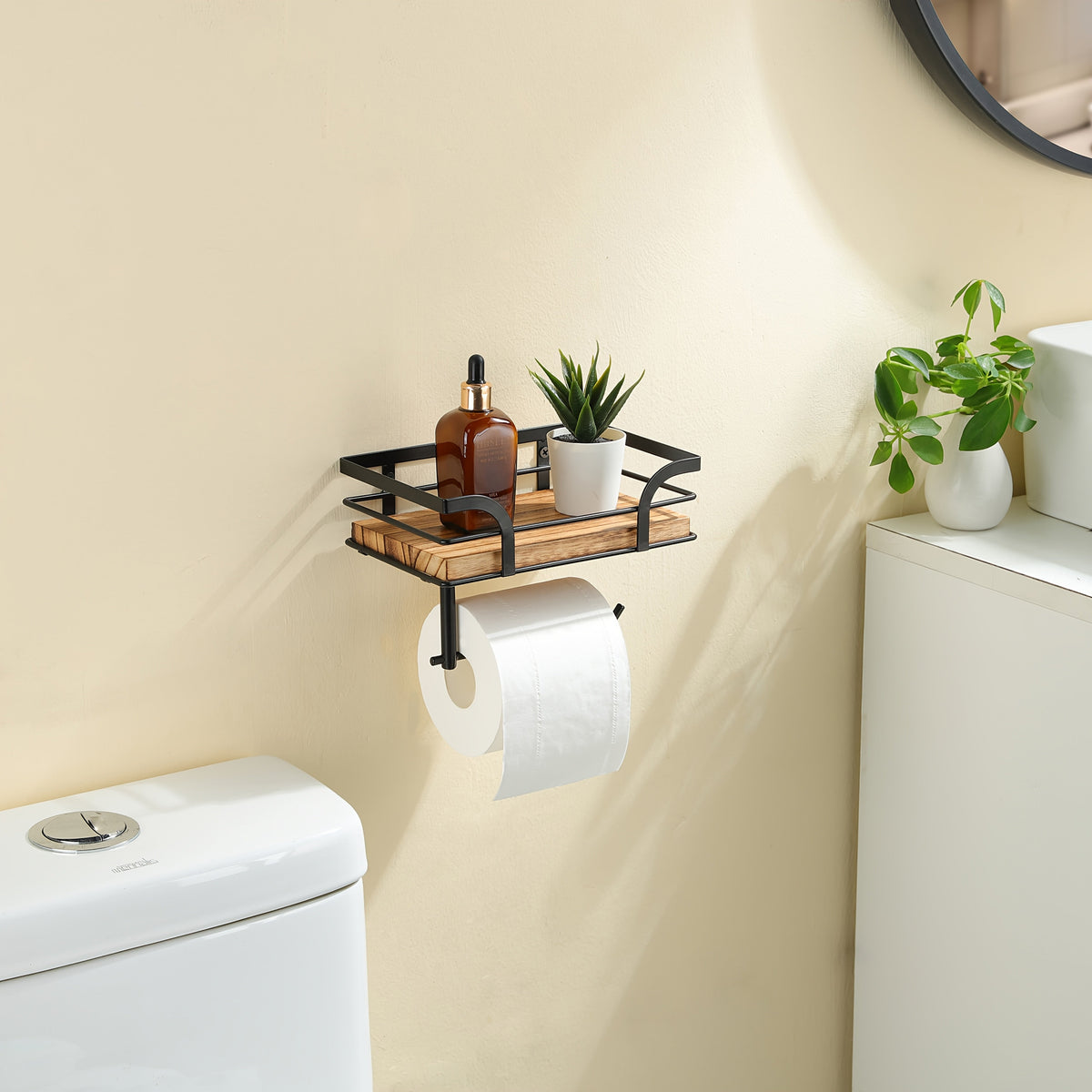 Metal & Wood Bathroom Tissue Dispenser Shelf 7.9 Inches Wall Mount Organizer Powder Room Storage Rack Home Essentials Holder for Small Space | Thomler