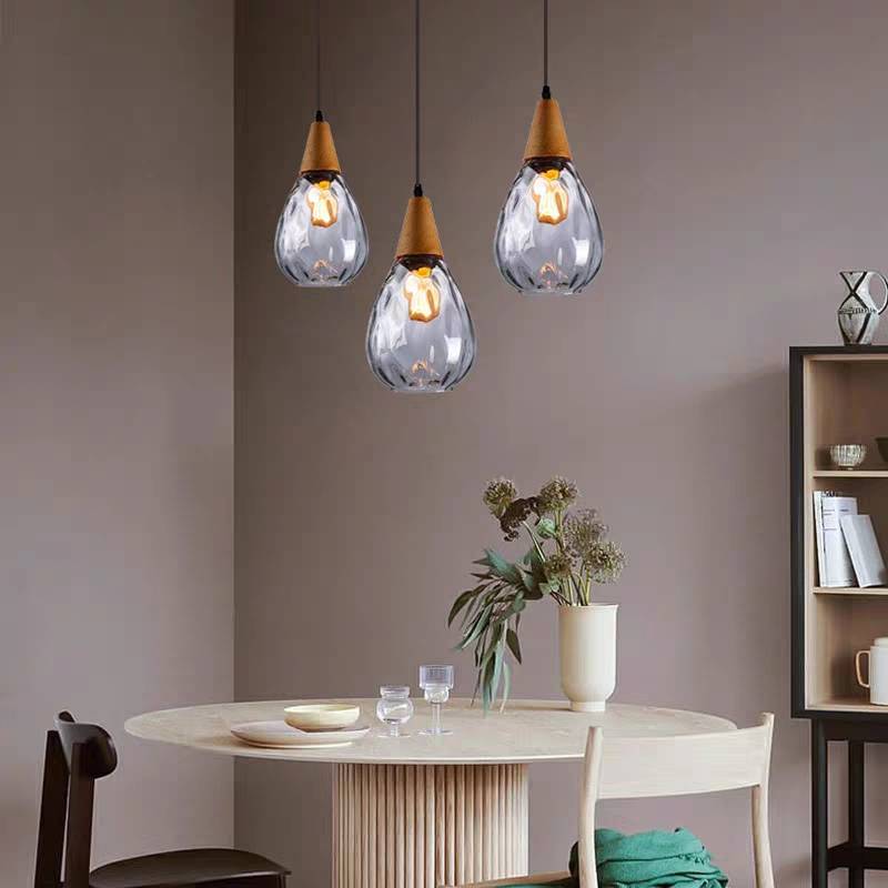 Glass & Wood Drop Ceiling Fixture with Adjustable Cord for Kitchen Island, Dining Room & Living Area | Hardwired E26 Socket | Indoor Overhea | Thomler