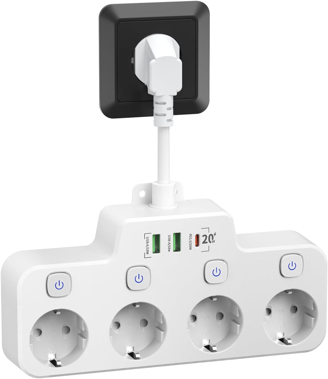 Wandmontierte Steckdosenleiste mit Einzelschaltern – 2 USB-A und 1 USB-C Anschluss