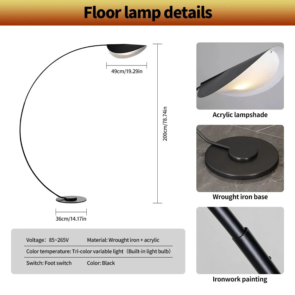 Arched Standing Lamp with Organic Leaf Shade Tri-Temperature Adjustable Black Metal Frame for Reading & Ambient Lighting | Thomler
