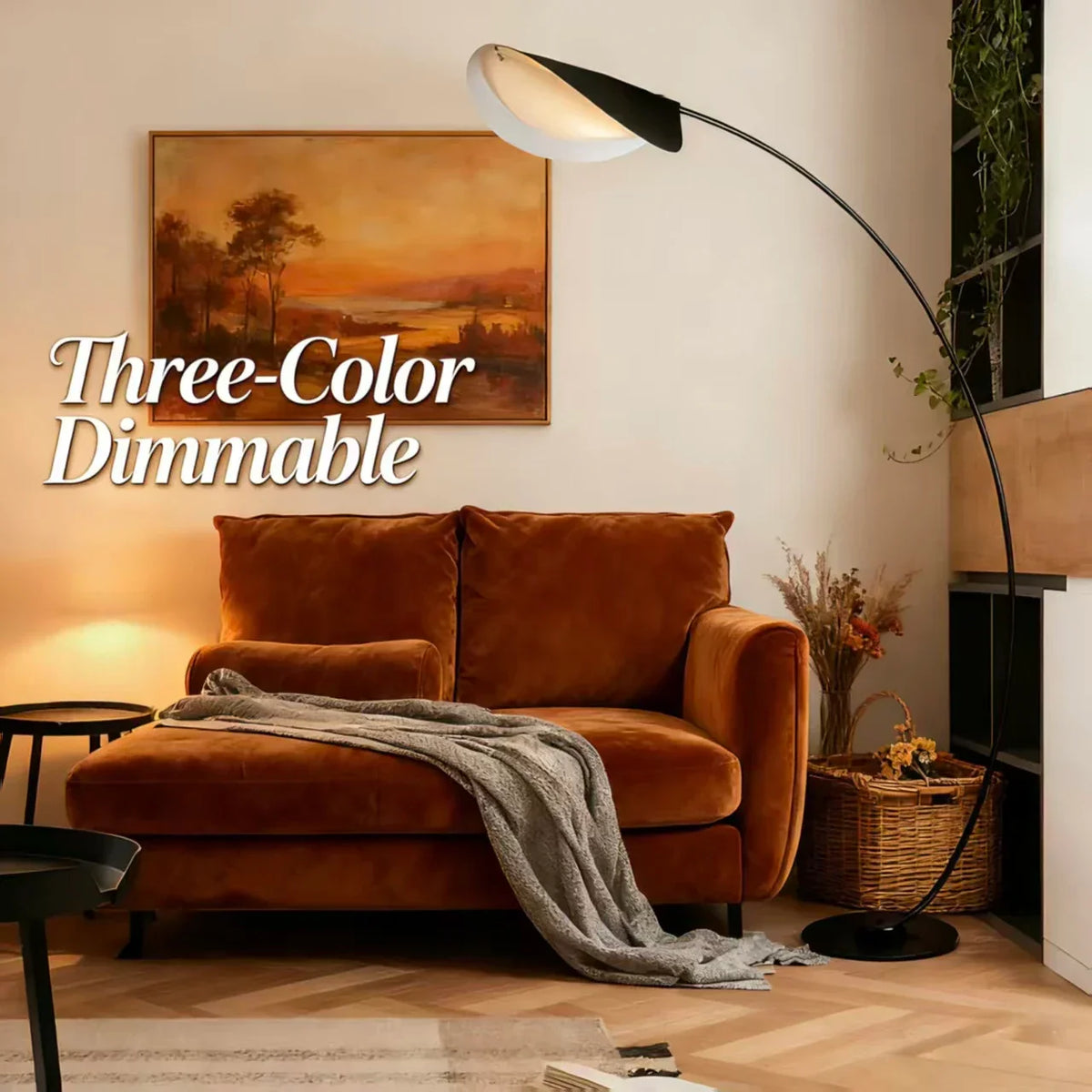 Arched Standing Lamp with Organic Leaf Shade Tri-Temperature Adjustable Black Metal Frame for Reading & Ambient Lighting | Thomler