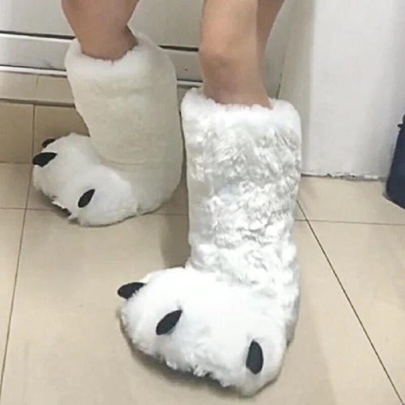 Plush Bear Paw Slippers – Soft Faux Fur House Shoes with Non-Slip Sole for Indoor & Outdoor Wear, Unisex Winter Footwear