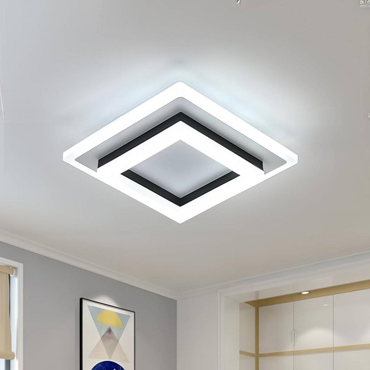 Quadratische LED-Aufbau-Deckenleuchte, 1920 Lumen, für Schlafzimmer, Flur, Wohnzimmer, modernes geometrisches, flaches, mehrschichtiges Design in Schwarz-Weiß | Thomler