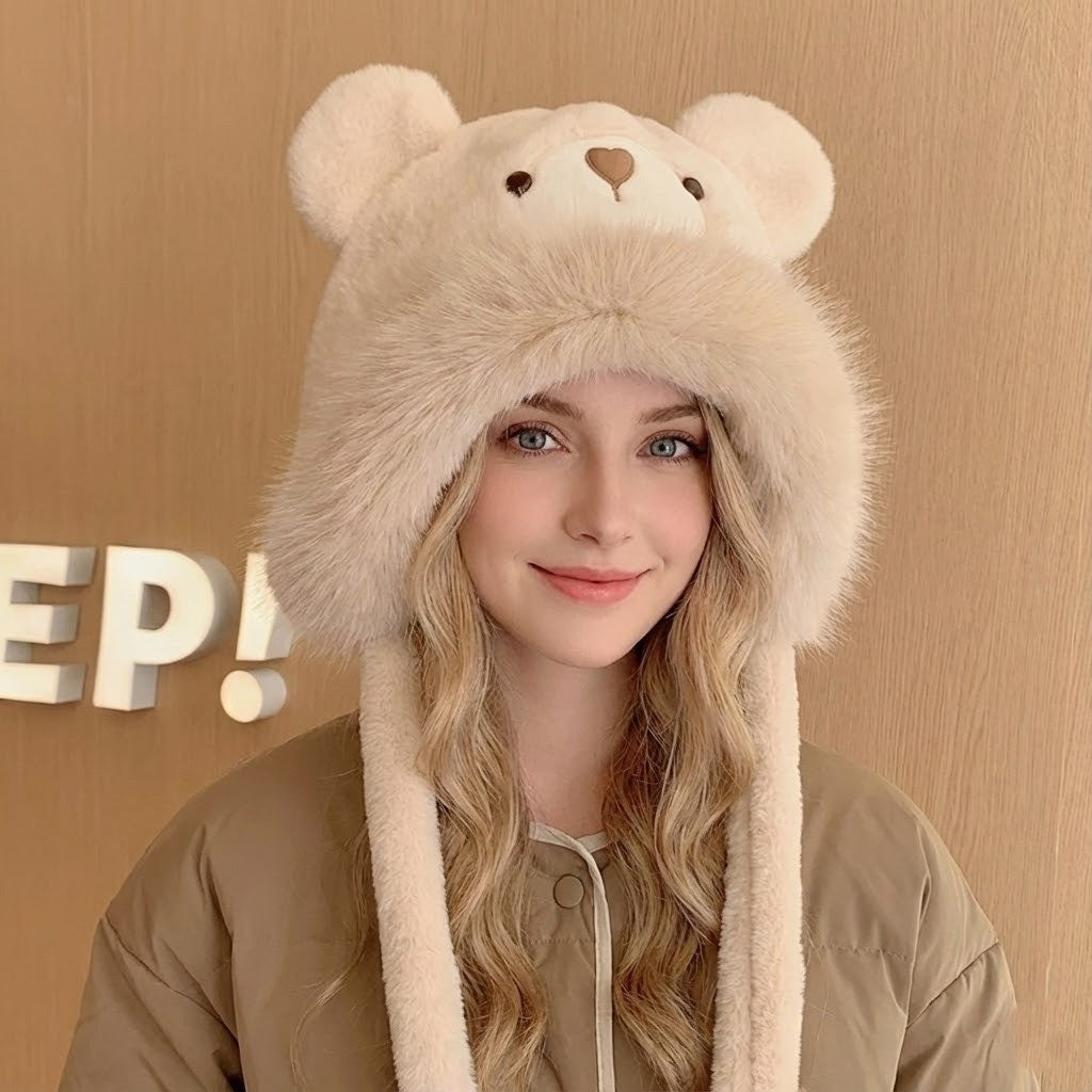Plush Bear-Face Winter Hat with Long Earflaps – Cozy Faux Fur Knit Beanie for Cold Weather