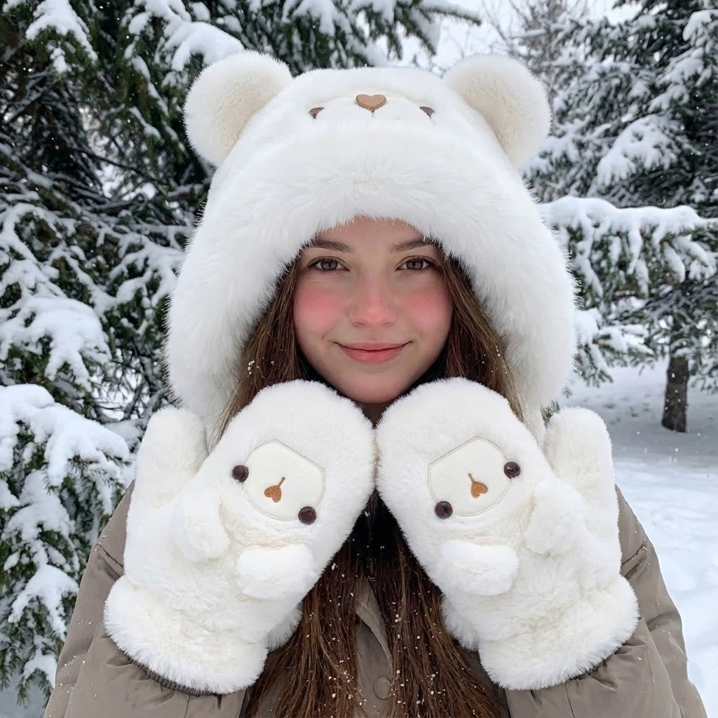Plush Bear-Face Winter Hat with Long Earflaps – Cozy Faux Fur Knit Beanie for Cold Weather