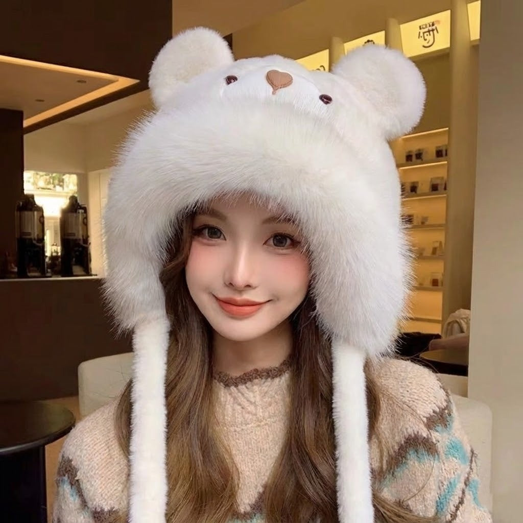 Plush Bear-Face Winter Hat with Long Earflaps – Cozy Faux Fur Knit Beanie for Cold Weather