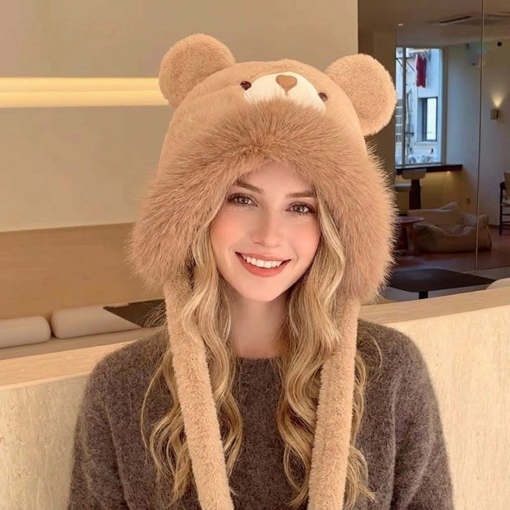 Plush Bear-Face Winter Hat with Long Earflaps – Cozy Faux Fur Knit Beanie for Cold Weather