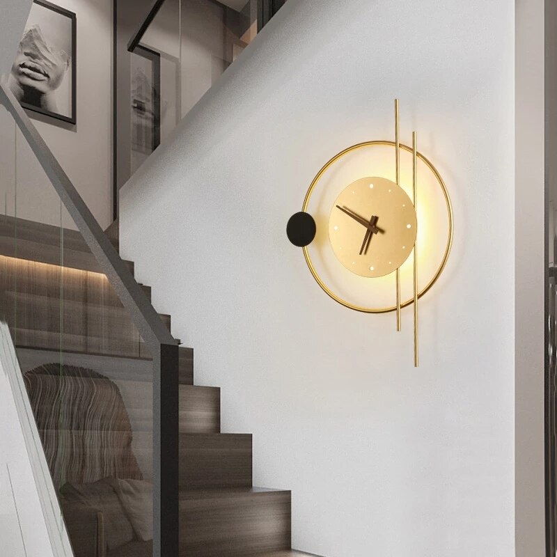 Backlit Metal Wall Clock 22 in × 16 in Gold Black Round Geometric Timepiece for Home Office Entry Foyer Den Workspace Ambient Glow Battery O | Thomler