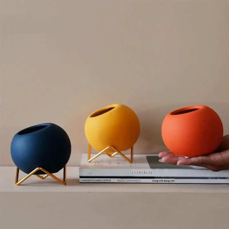 Tabletop Ceramic Planter on Steel Stand – 4 Inch Round Pot for Succulents & Small Plants – Desktop & Shelf Decor for Home Office, Bedroom, K | Thomler