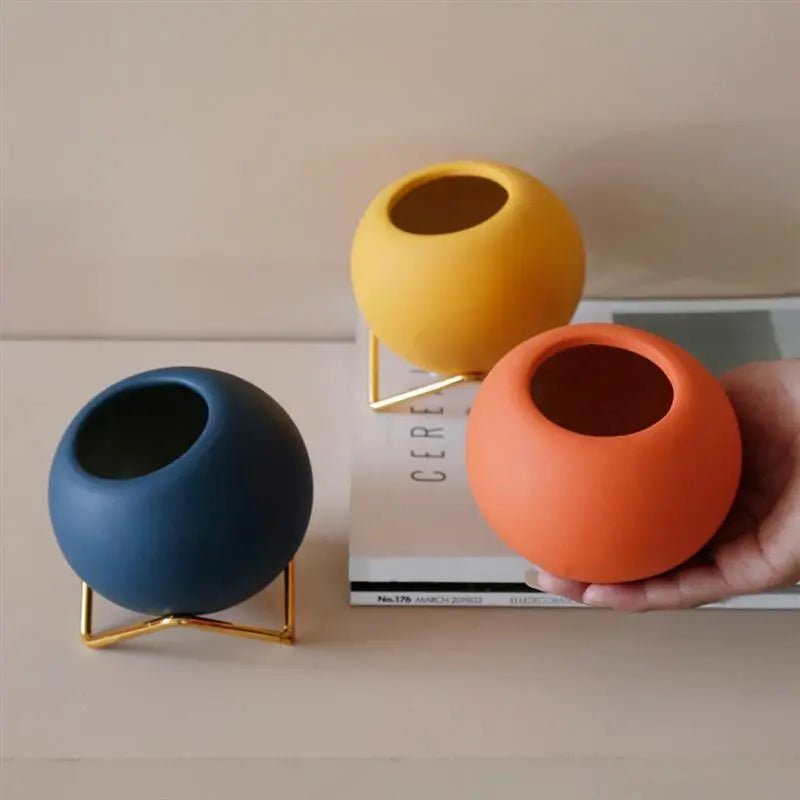 Tafelmodel keramische plantenbak op stalen standaard – 4 inch ronde pot voor vetplanten & kleine planten – Bureau- & plankdecoratie voor thuiskantoor, slaapkamer, K | Thomler