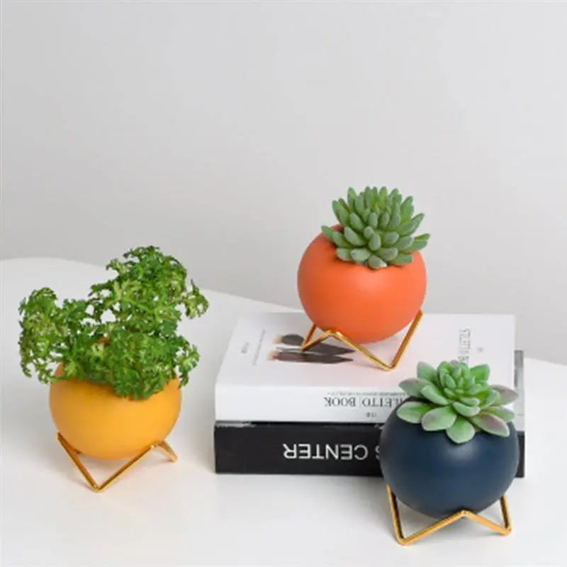 Tafelmodel keramische plantenbak op stalen standaard – 4 inch ronde pot voor vetplanten & kleine planten – Bureau- & plankdecoratie voor thuiskantoor, slaapkamer, K | Thomler