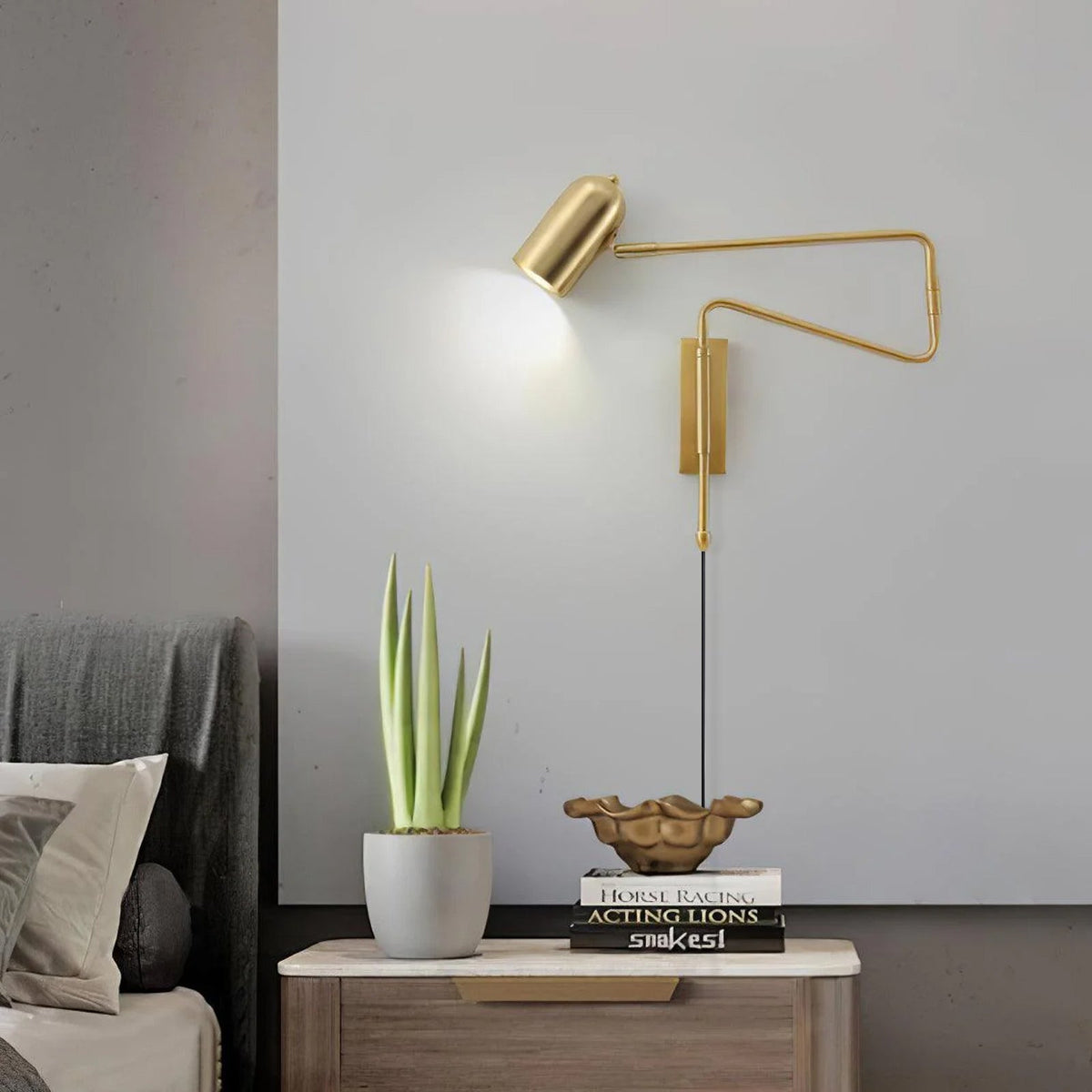 Swing-Arm Reading Sconce with Rotating Shade Metal Plug-In Fixture Black & Gold Finish for Bedroom Living Room Study Nook Task Lighting | Thomler