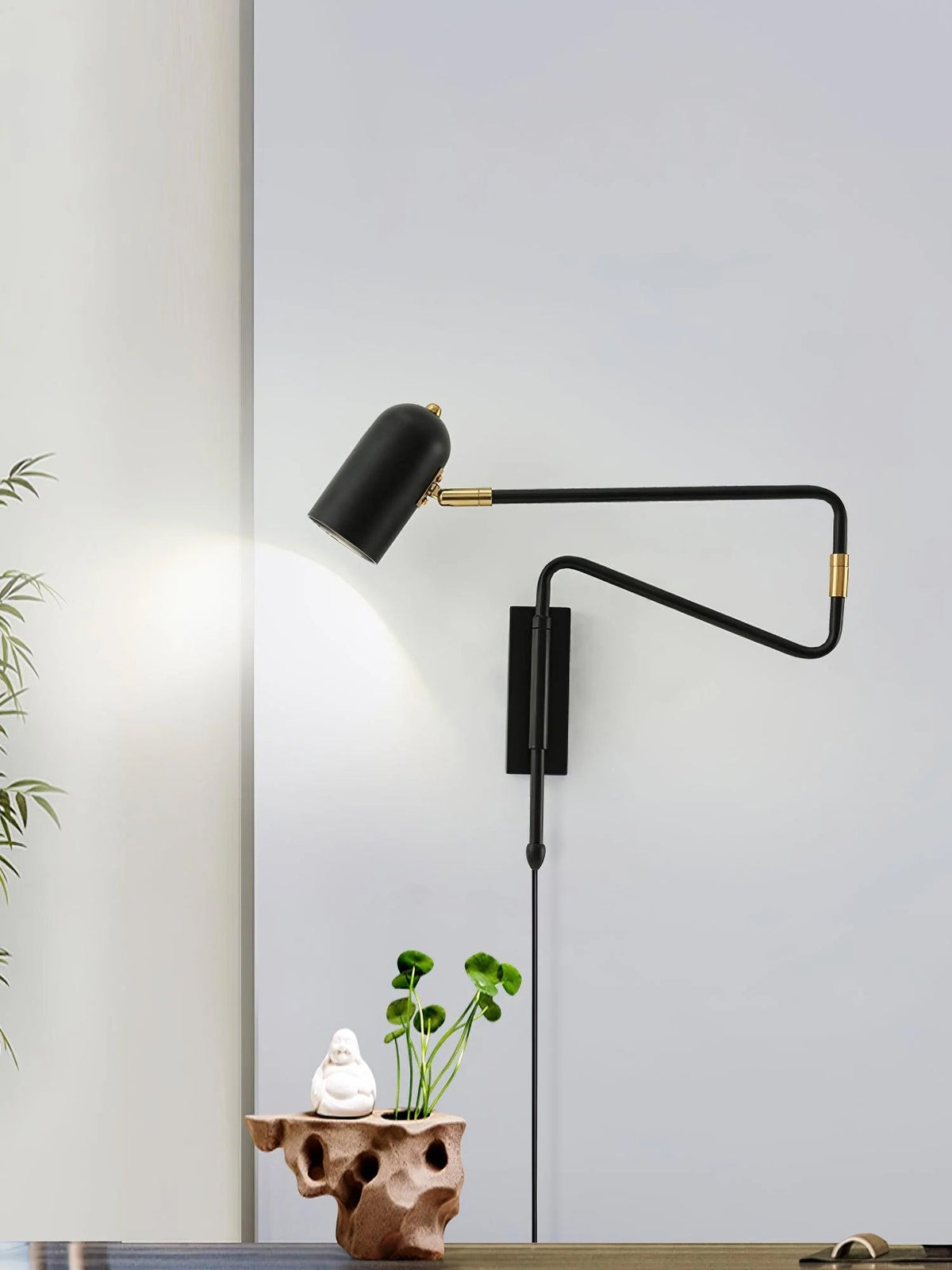 Swing-Arm Reading Sconce with Rotating Shade Metal Plug-In Fixture Black & Gold Finish for Bedroom Living Room Study Nook Task Lighting | Thomler