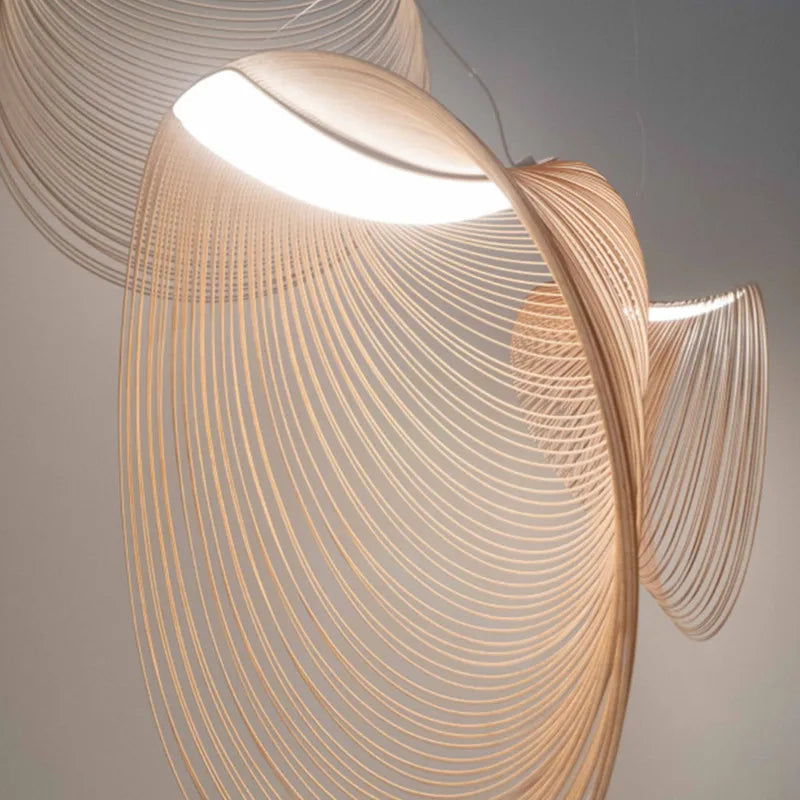 Woven Wood LED Ceiling Fixture 31 in Diameter Organic Sculptural Hanging Light Natural Tone for Dining Kitchen Island Adjustable Cord Scandi | Thomler