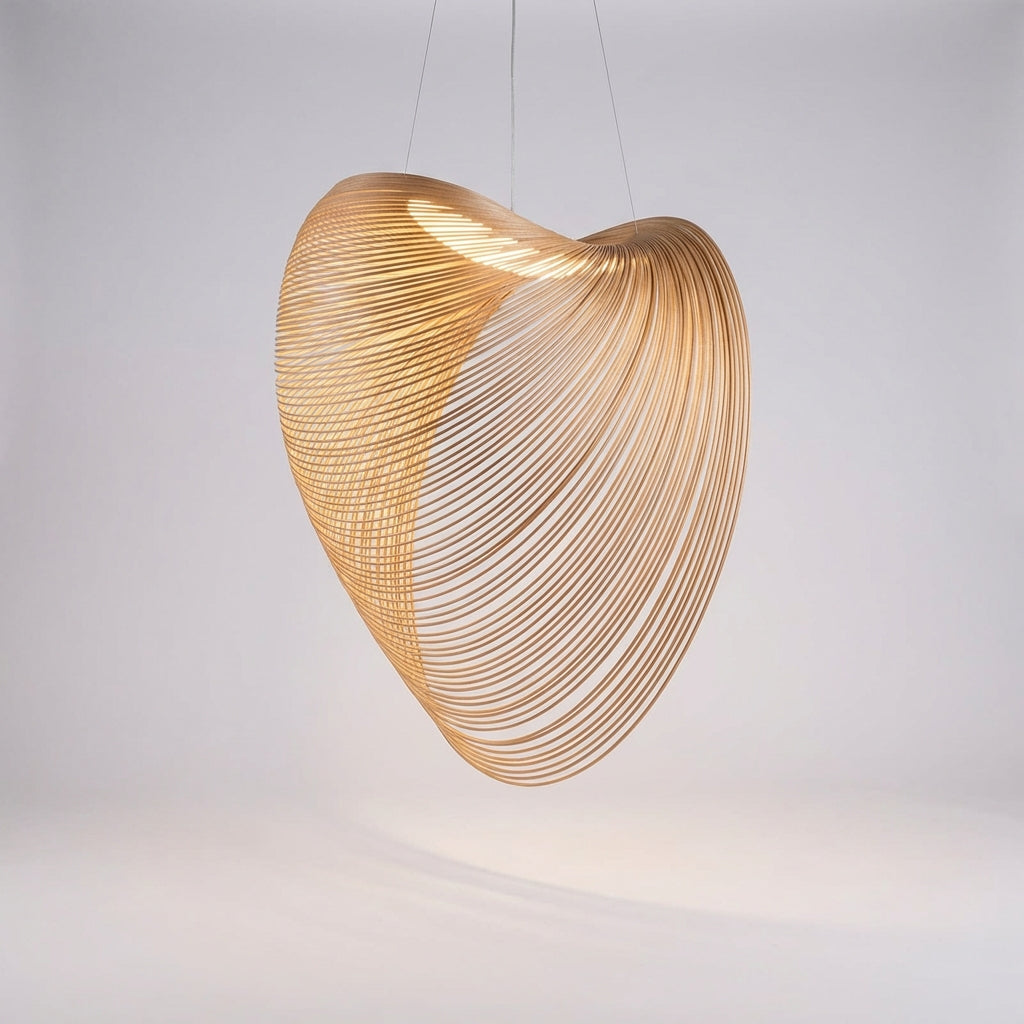 Woven Wood LED Ceiling Fixture 31 in Diameter Organic Sculptural Hanging Light Natural Tone for Dining Kitchen Island Adjustable Cord Scandi | Thomler