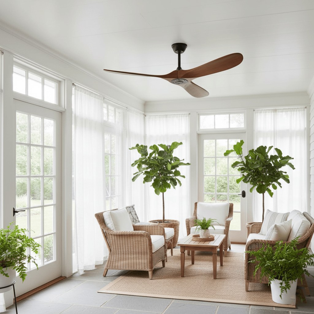 DC Motor Ceiling Fan with Wooden Blades 42 or 52 Inch Diameter Remote Control Indoor Air Circulation for Bedrooms Living Rooms Offices Low