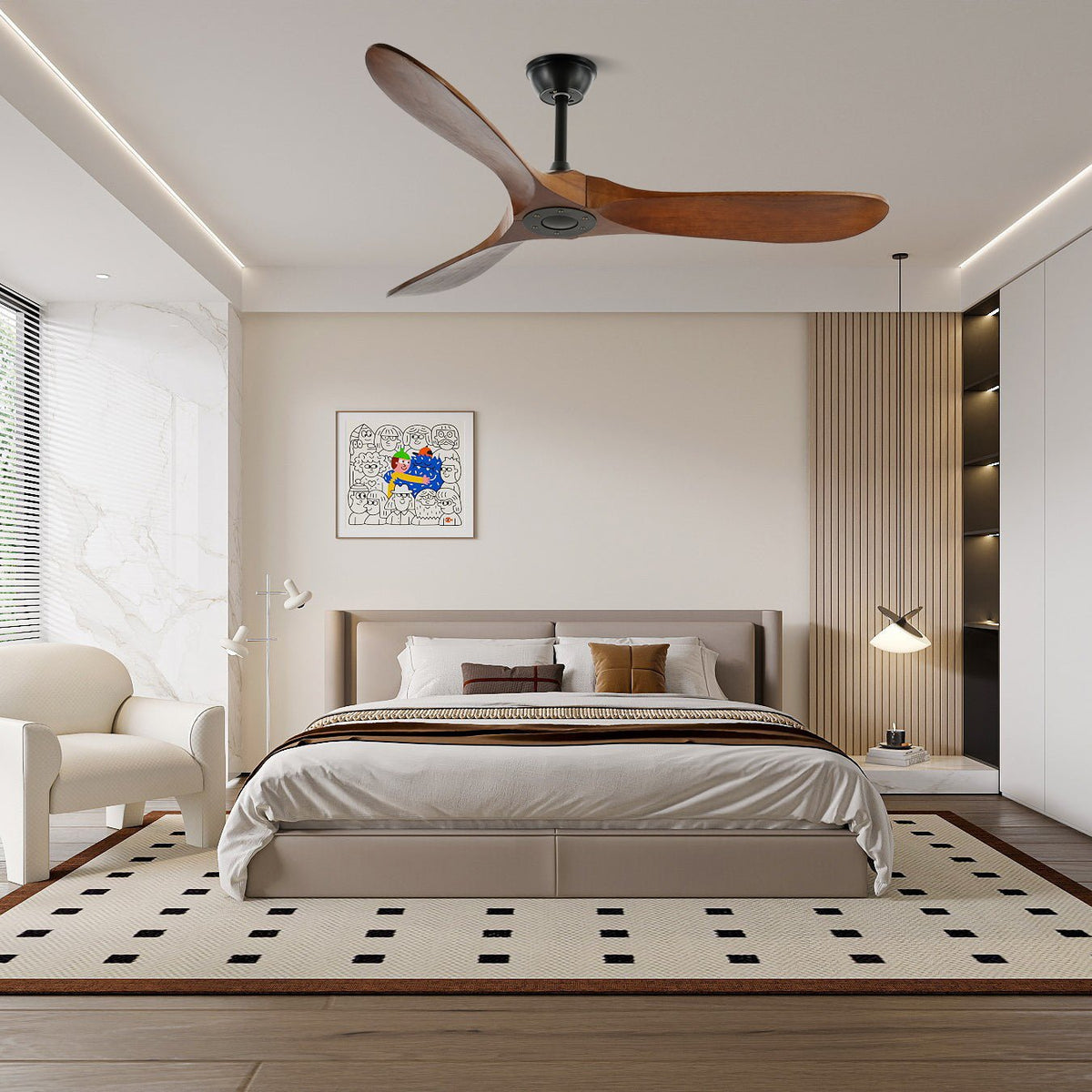 DC Motor Ceiling Fan with Wooden Blades 42 or 52 Inch Diameter Remote Control Indoor Air Circulation for Bedrooms Living Rooms Offices Low