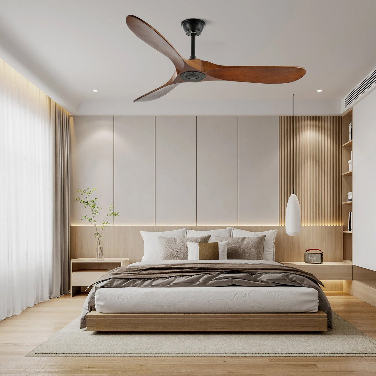 DC Motor Ceiling Fan with Wooden Blades 42 or 52 Inch Diameter Remote Control Indoor Air Circulation for Bedrooms Living Rooms Offices Low