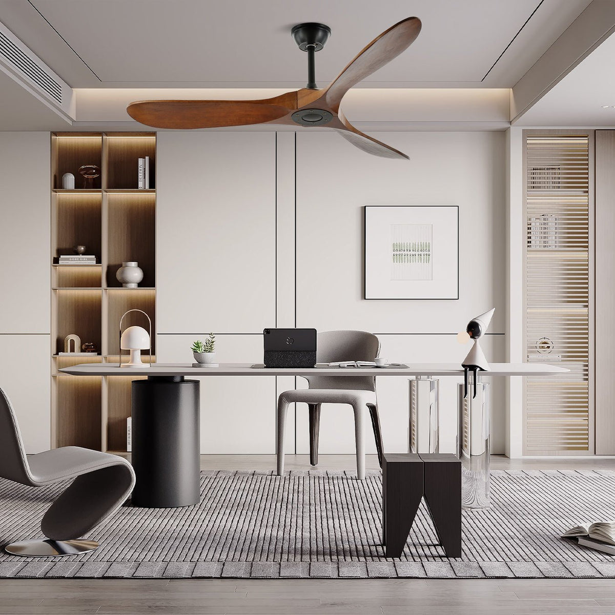 DC Motor Ceiling Fan with Wooden Blades 42 or 52 Inch Diameter Remote Control Indoor Air Circulation for Bedrooms Living Rooms Offices Low