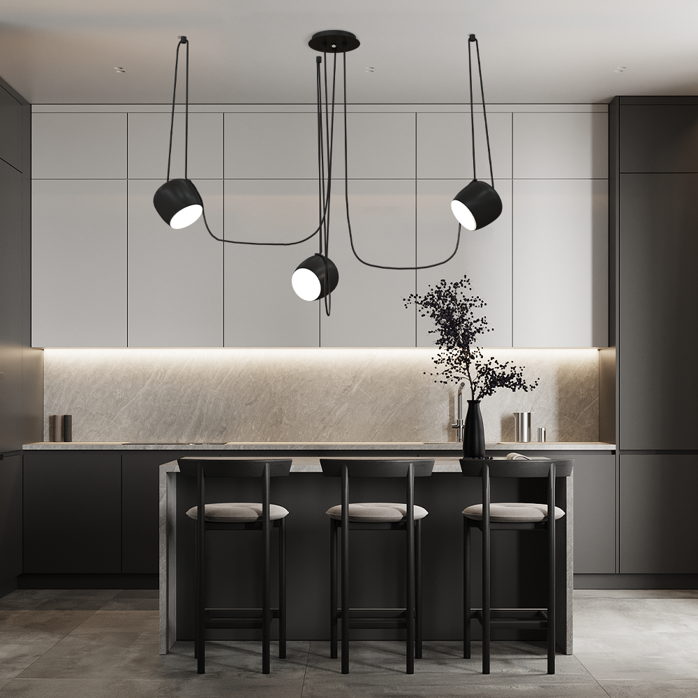 Plafondhanglamp met verstelbare koppen en kabel, 10W dimbare LED-hanglamp, moderne zwarte aluminium verlichting voor kookeiland | Thomler