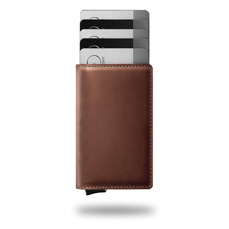 RFID-Blocking Leather Billfold with Pop-Up Card Holder 3.7 × 2.6 × 0.4 Inches Slim Aluminum Mechanism Travel Wallet Compact Front Pocket Org | Thomler