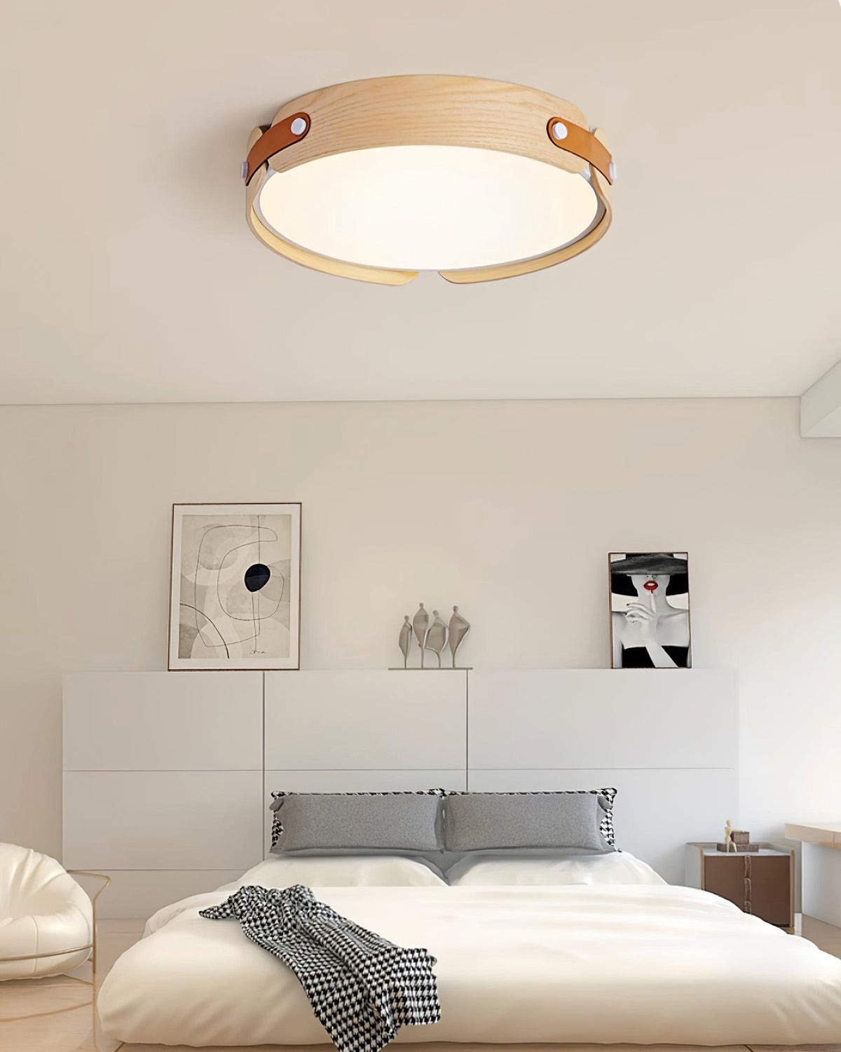 Flush Mount LED Wood Ceiling Light 16.5 in Wireless Dimmer Remote Control for Bedroom Bathroom Hallway Indoor Natural Walnut Finish Low Prof | Thomler