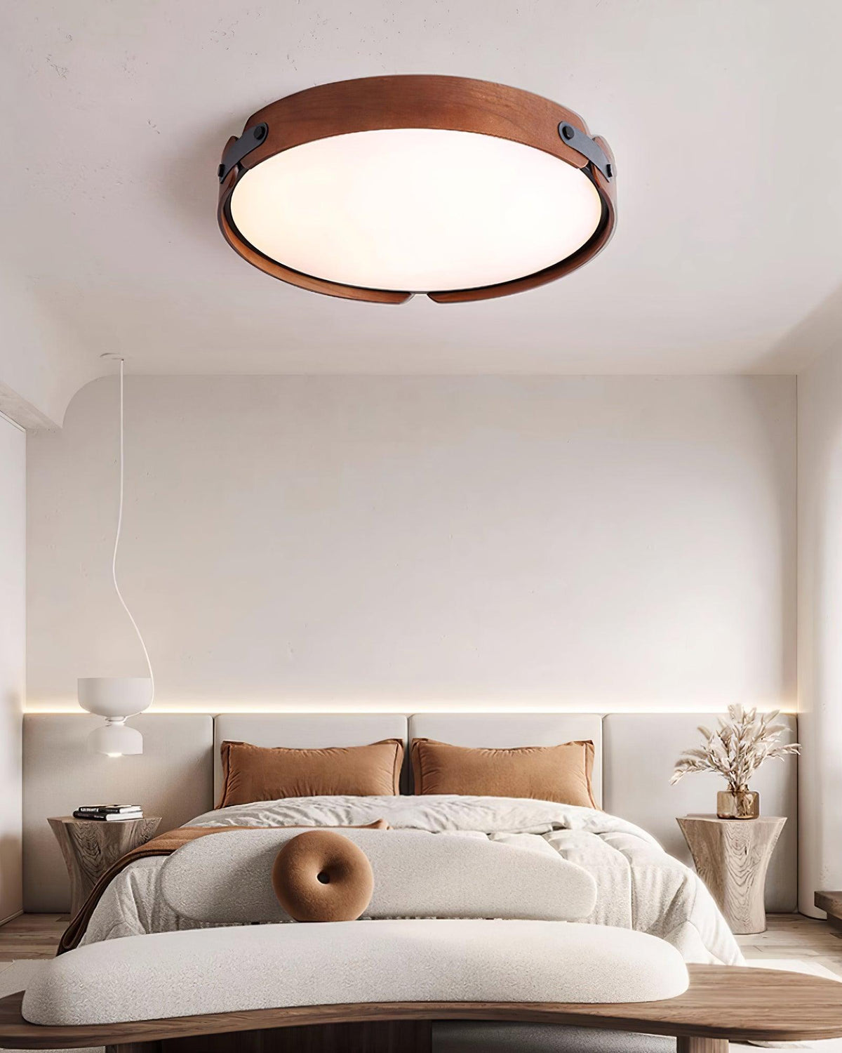 Flush Mount LED Wood Ceiling Light 16.5 in Wireless Dimmer Remote Control for Bedroom Bathroom Hallway Indoor Natural Walnut Finish Low Prof | Thomler