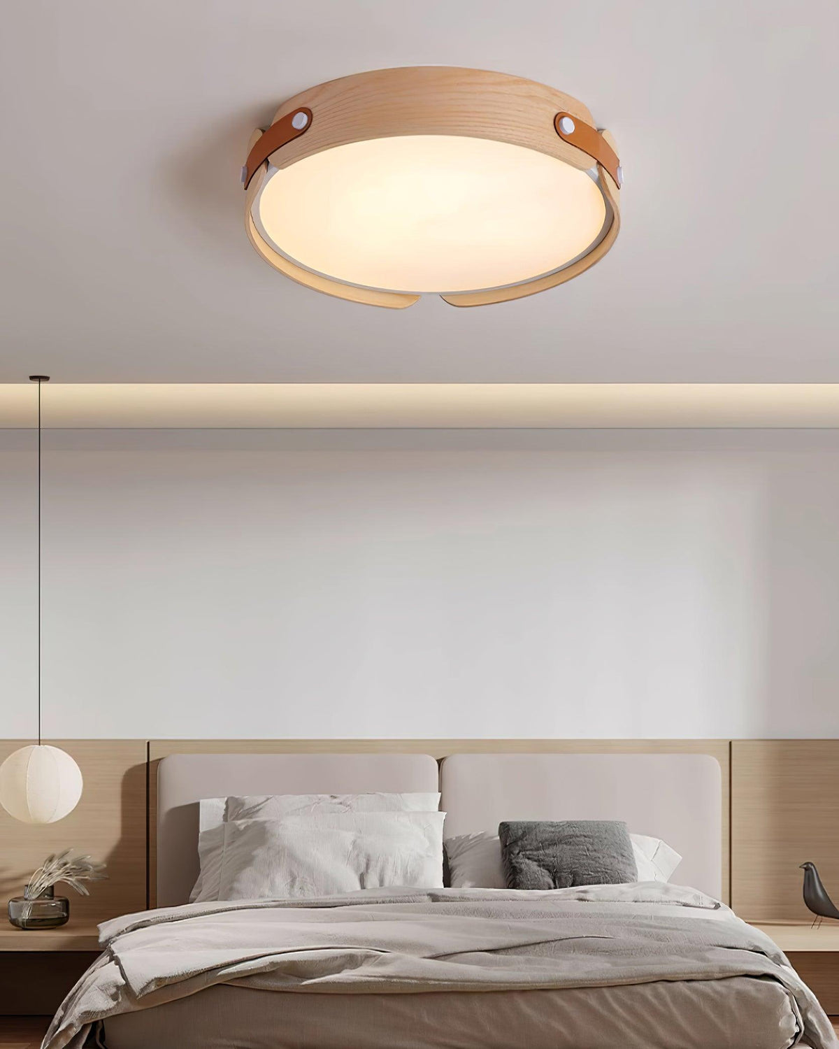 Flush Mount LED Wood Ceiling Light 16.5 in Wireless Dimmer Remote Control for Bedroom Bathroom Hallway Indoor Natural Walnut Finish Low Prof | Thomler