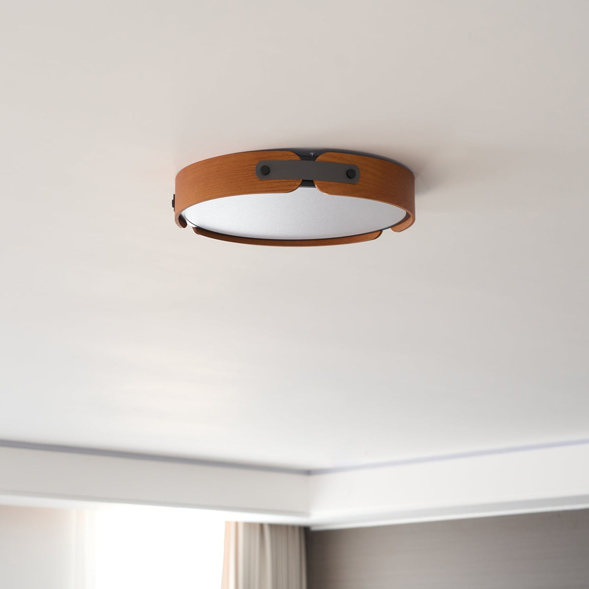 Flush Mount LED Wood Ceiling Light 16.5 in Wireless Dimmer Remote Control for Bedroom Bathroom Hallway Indoor Natural Walnut Finish Low Prof | Thomler