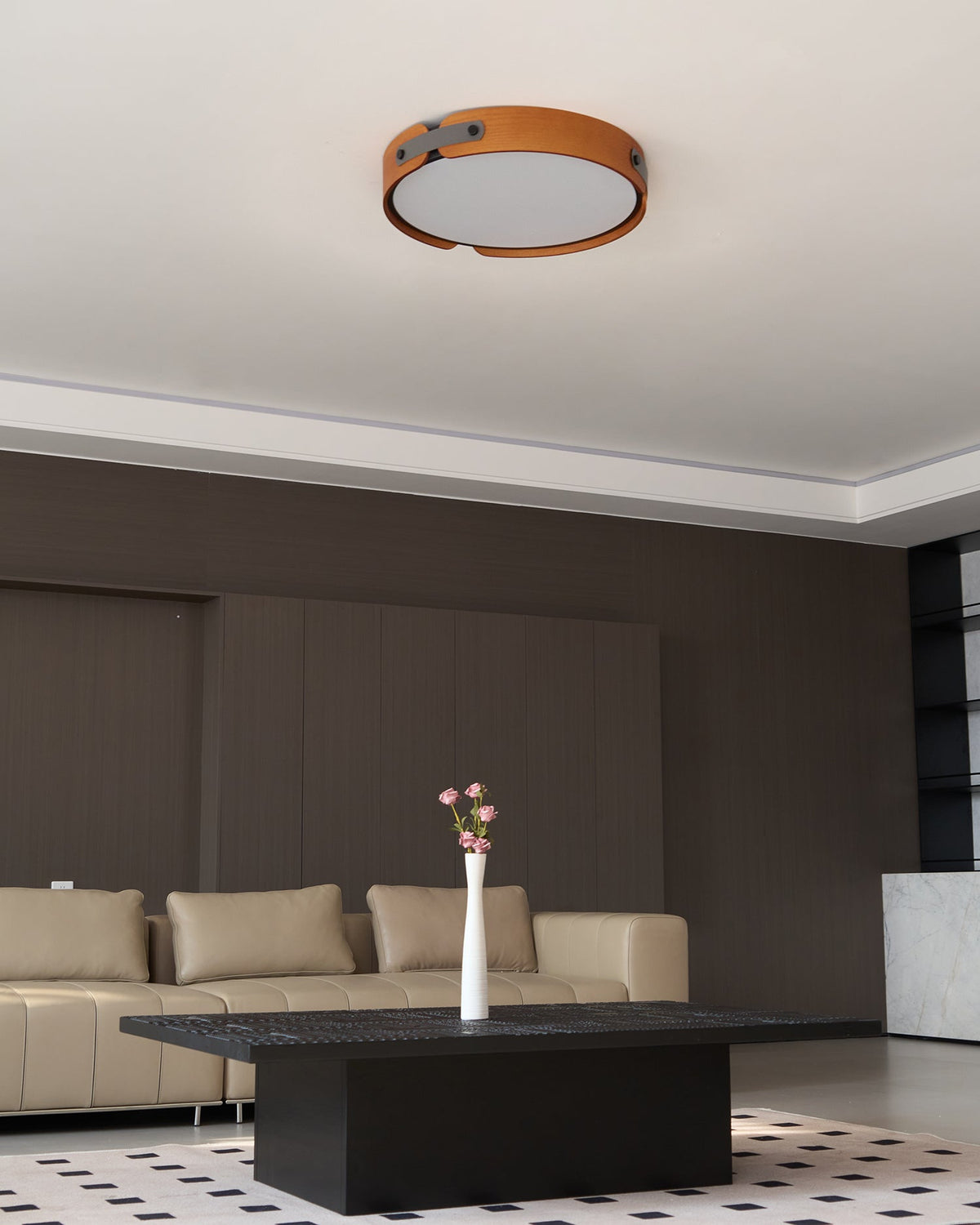Flush Mount LED Wood Ceiling Light 16.5 in Wireless Dimmer Remote Control for Bedroom Bathroom Hallway Indoor Natural Walnut Finish Low Prof | Thomler