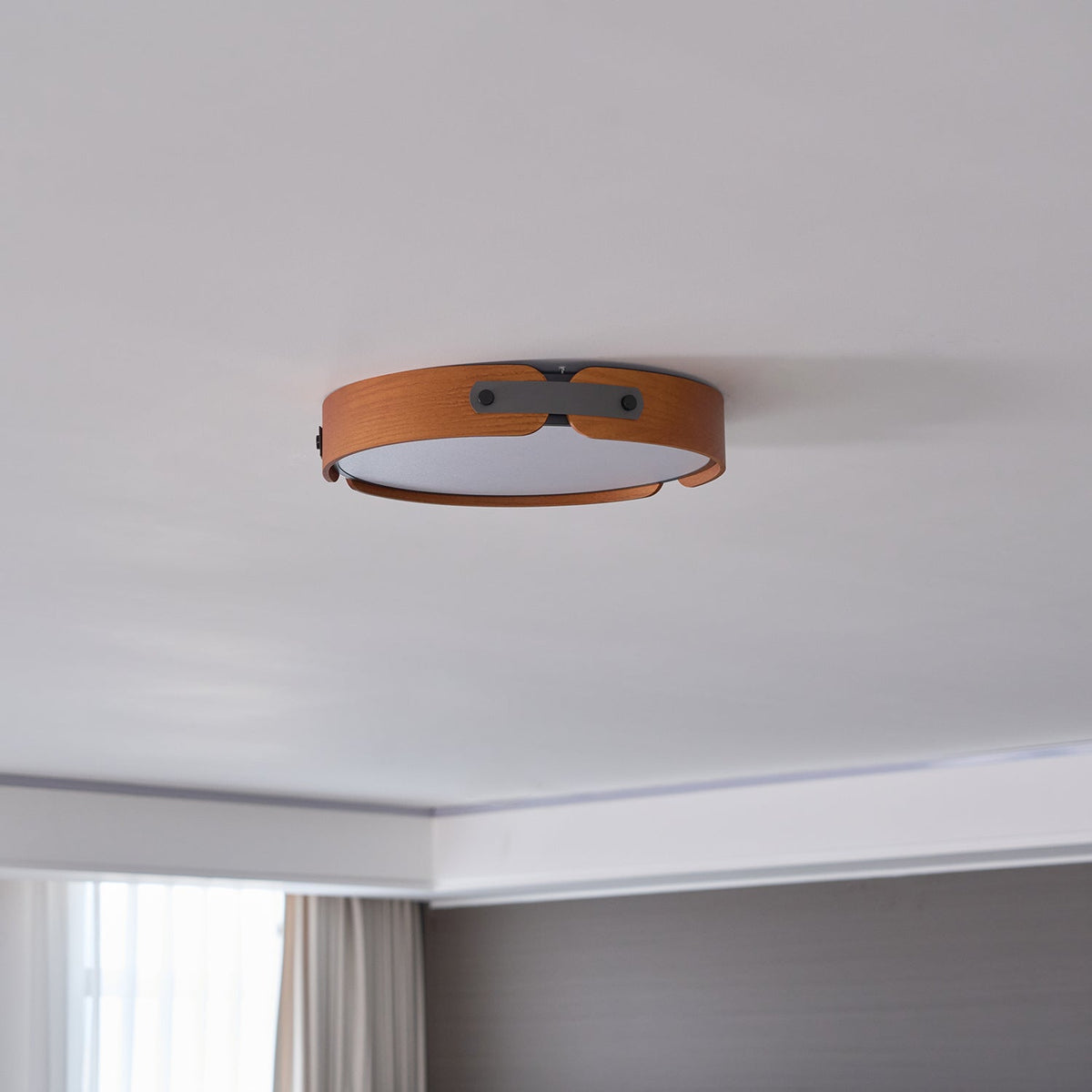 Flush Mount LED Wood Ceiling Light 16.5 in Wireless Dimmer Remote Control for Bedroom Bathroom Hallway Indoor Natural Walnut Finish Low Prof | Thomler