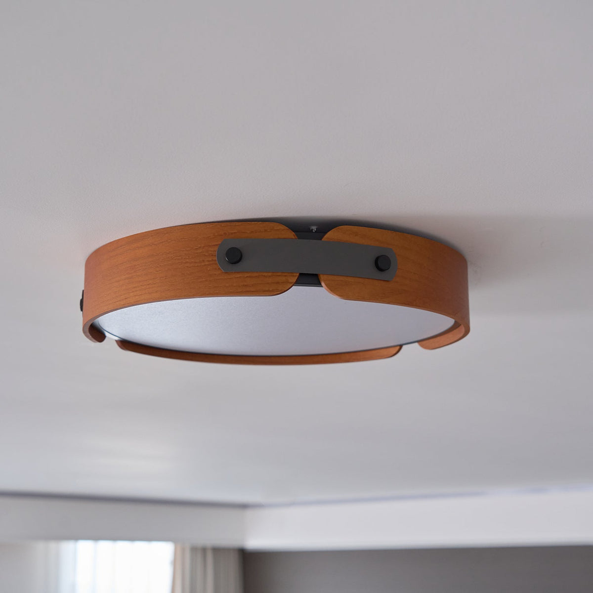 Flush Mount LED Wood Ceiling Light 16.5 in Wireless Dimmer Remote Control for Bedroom Bathroom Hallway Indoor Natural Walnut Finish Low Prof | Thomler