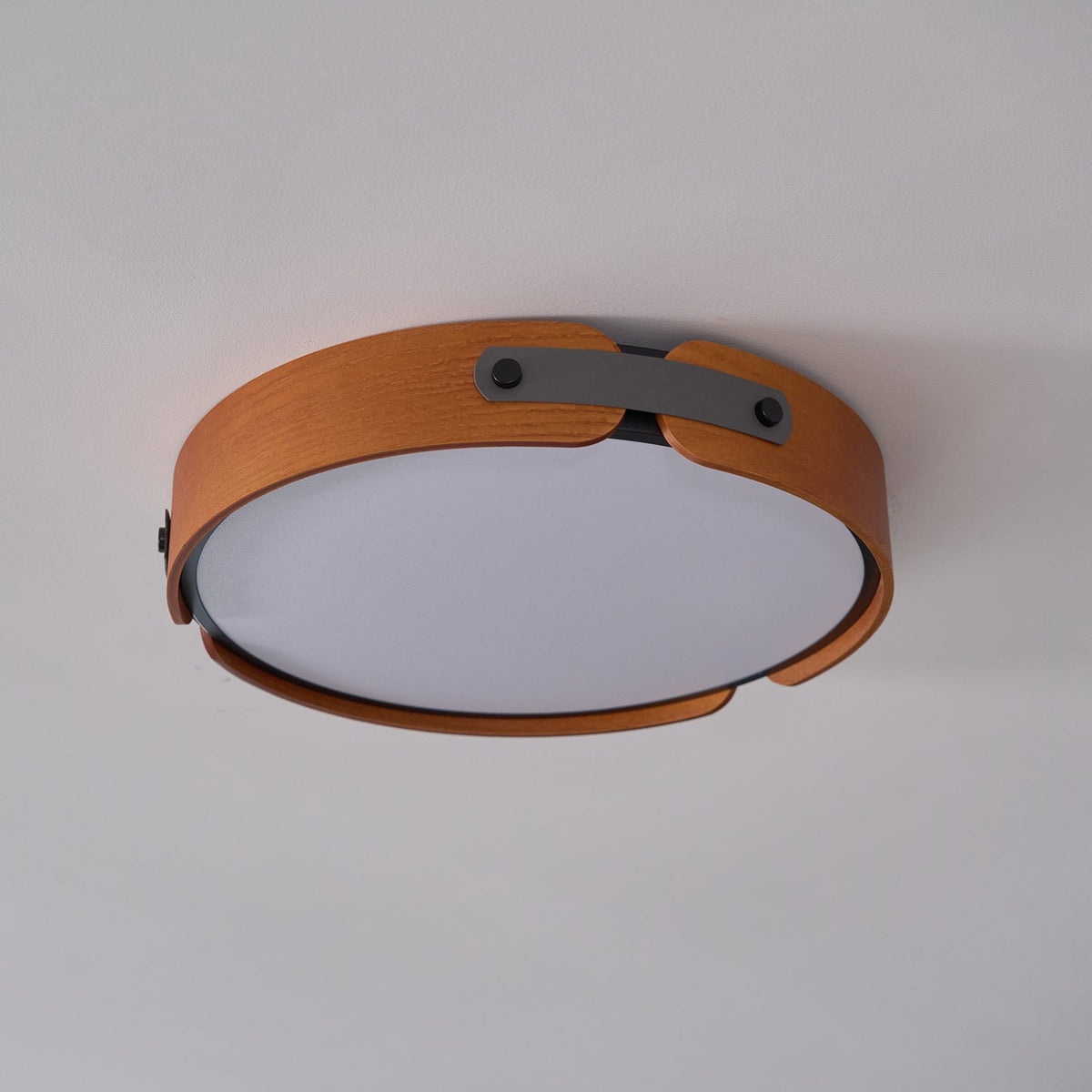 Flush Mount LED Wood Ceiling Light 16.5 in Wireless Dimmer Remote Control for Bedroom Bathroom Hallway Indoor Natural Walnut Finish Low Prof | Thomler