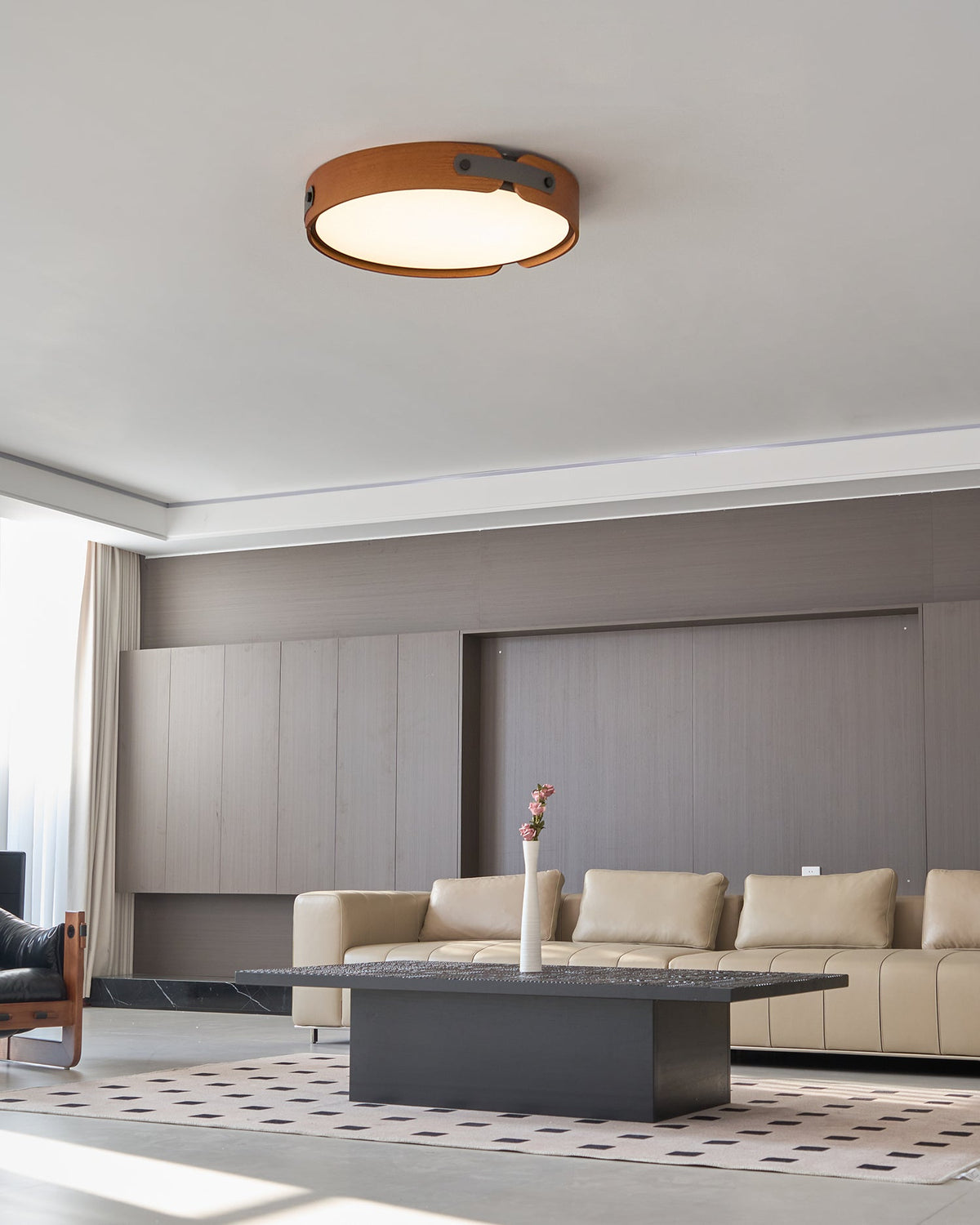 Flush Mount LED Wood Ceiling Light 16.5 in Wireless Dimmer Remote Control for Bedroom Bathroom Hallway Indoor Natural Walnut Finish Low Prof | Thomler