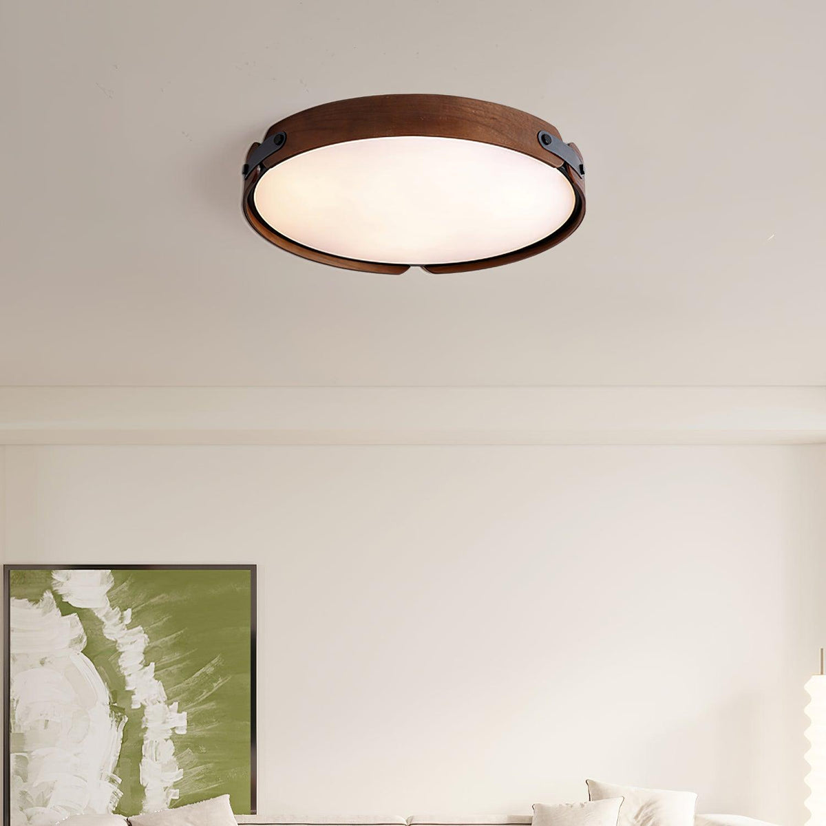 Flush Mount LED Wood Ceiling Light 16.5 in Wireless Dimmer Remote Control for Bedroom Bathroom Hallway Indoor Natural Walnut Finish Low Prof | Thomler