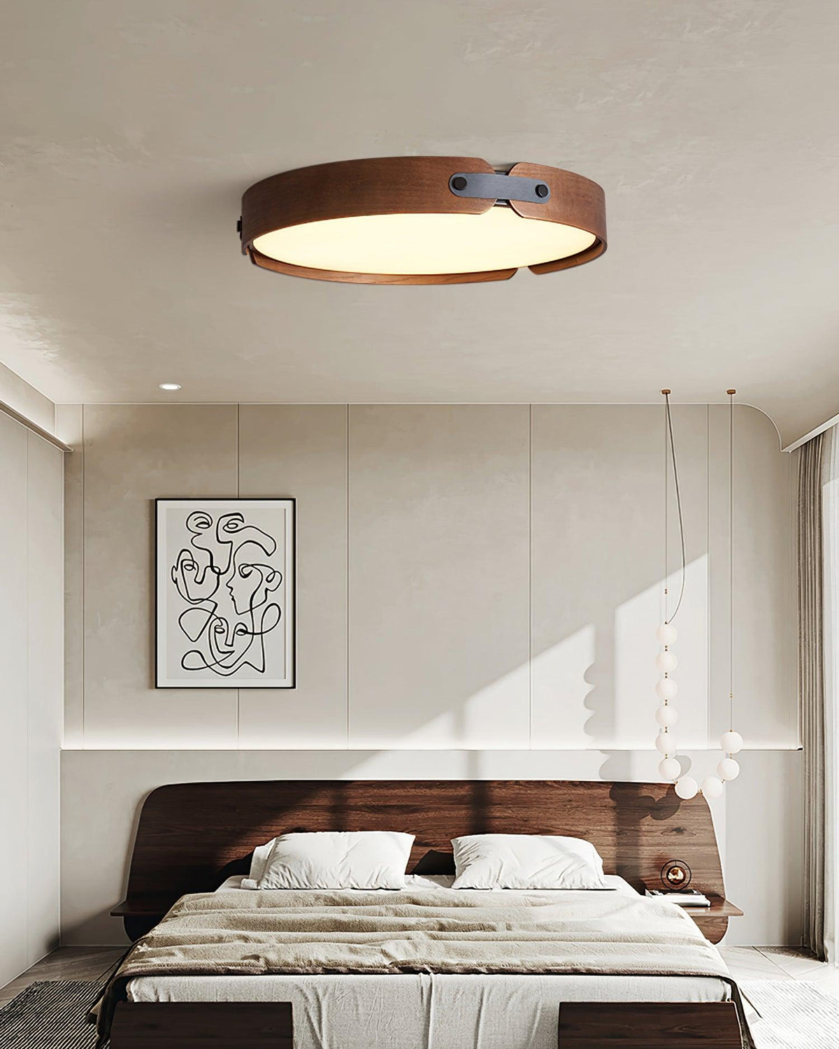 Flush Mount LED Wood Ceiling Light 16.5 in Wireless Dimmer Remote Control for Bedroom Bathroom Hallway Indoor Natural Walnut Finish Low Prof | Thomler