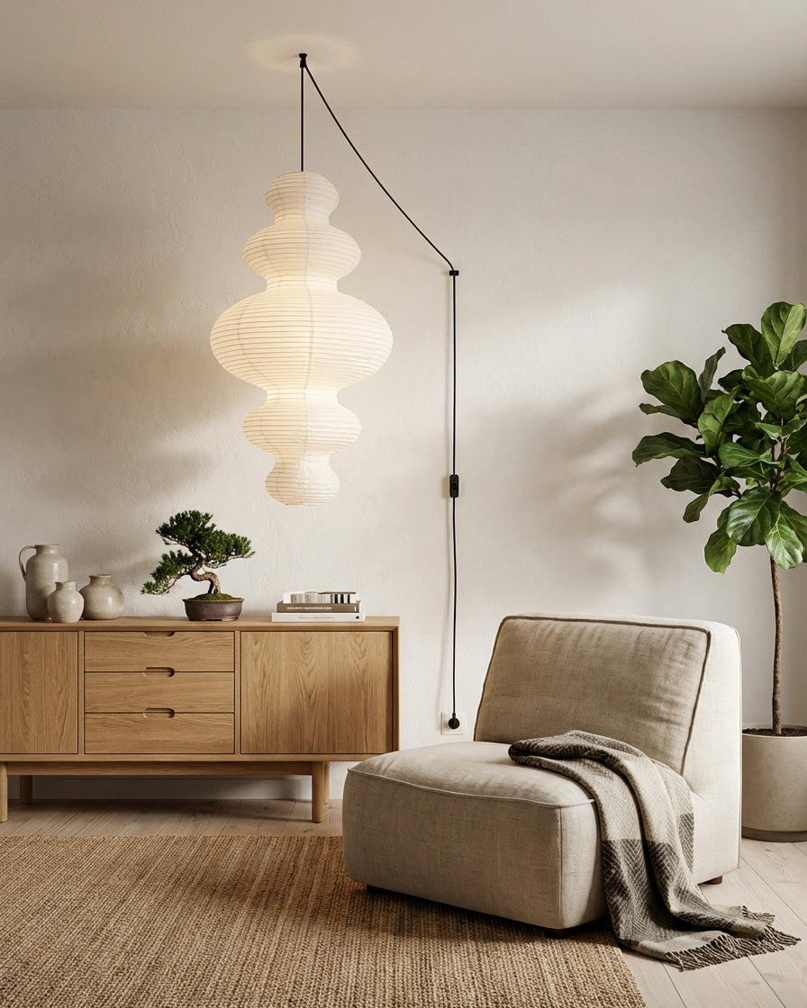 Overhead Suspension Lamp 18.5×32 White Handmade Paper Shade for Dining Table Kitchen Island Contemporary Asian Inspired Ceiling Fixture Adju | Thomler