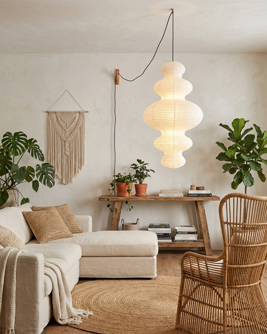 Overhead Suspension Lamp 18.5×32 White Handmade Paper Shade for Dining Table Kitchen Island Contemporary Asian Inspired Ceiling Fixture Adju | Thomler